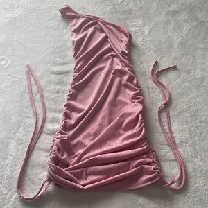 Solid One Shoulder Drawstring Side Ribbed Bodycon Dress